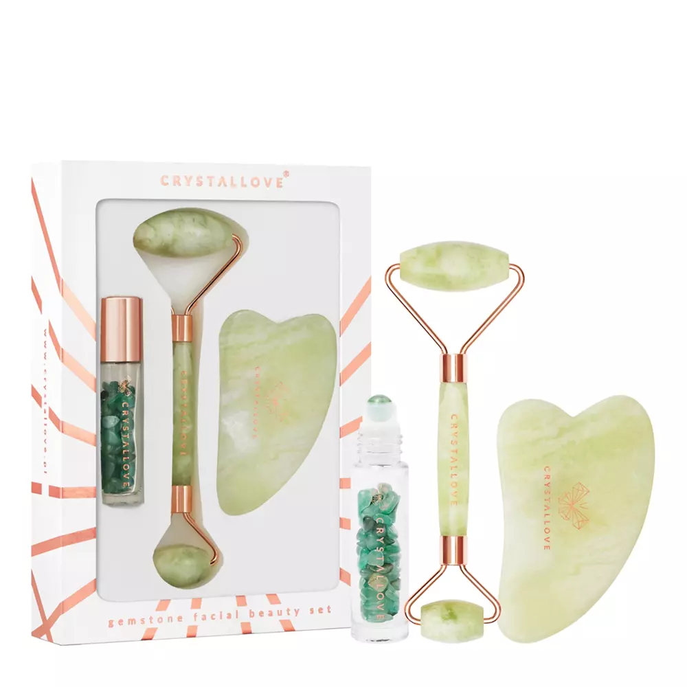 Crystallove - Jade Beauty Set: Gesichtsroller + Gua Sha Platte + Roll-on Flasche