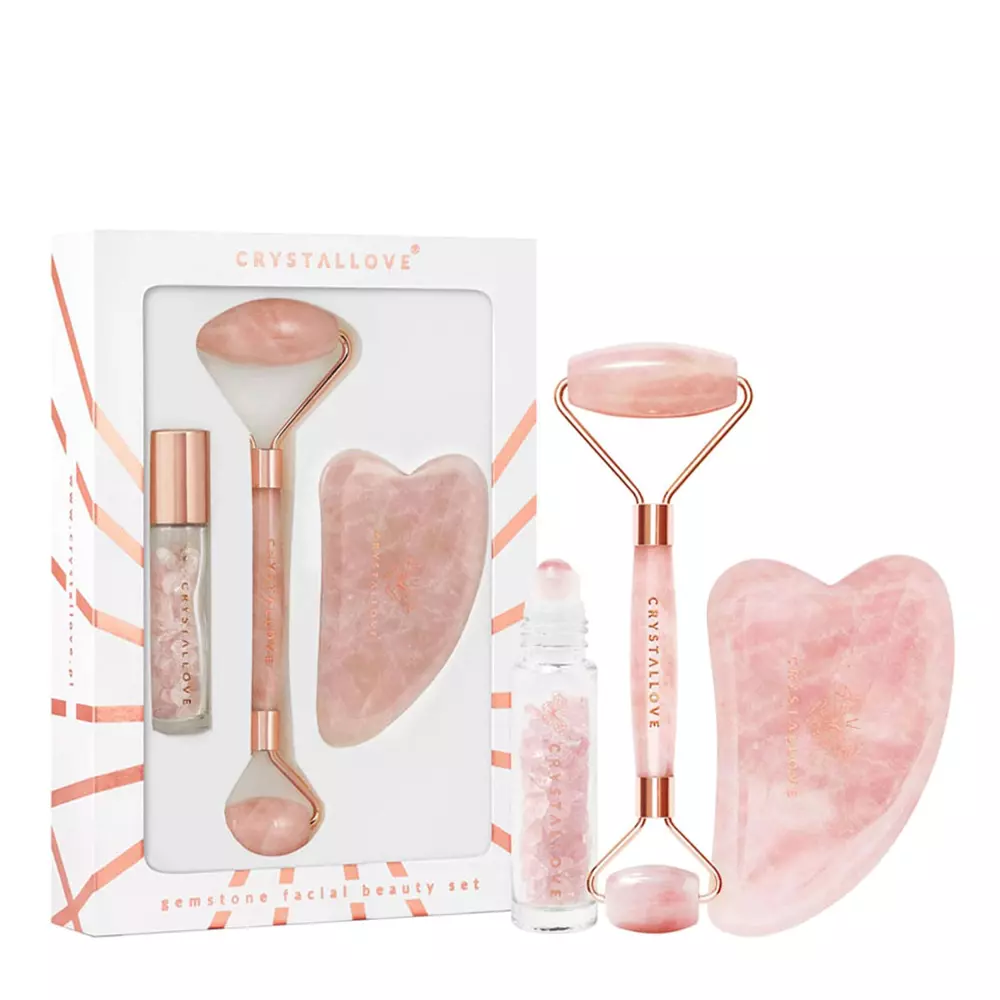 Crystallove - Rose Quartz Beauty Set - Set: Massagegerät + Gua Sha Platte + Ölflasche