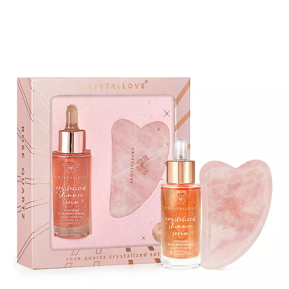 Crystallove - Rosenquarz kristallisiertes Set - Rosenquarz-Gesichtsserum und Gua Sha-Stein - 30ml