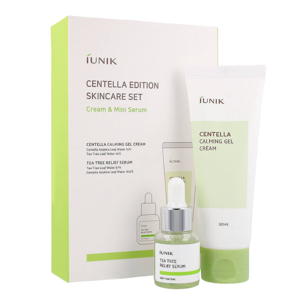 iUNIK - Centella Edition Skincare Set - Linderndes Gel-Creme-Set mit Asian Centella 60ml und Serum für Problemhaut mit Teebaumwasser 15ml