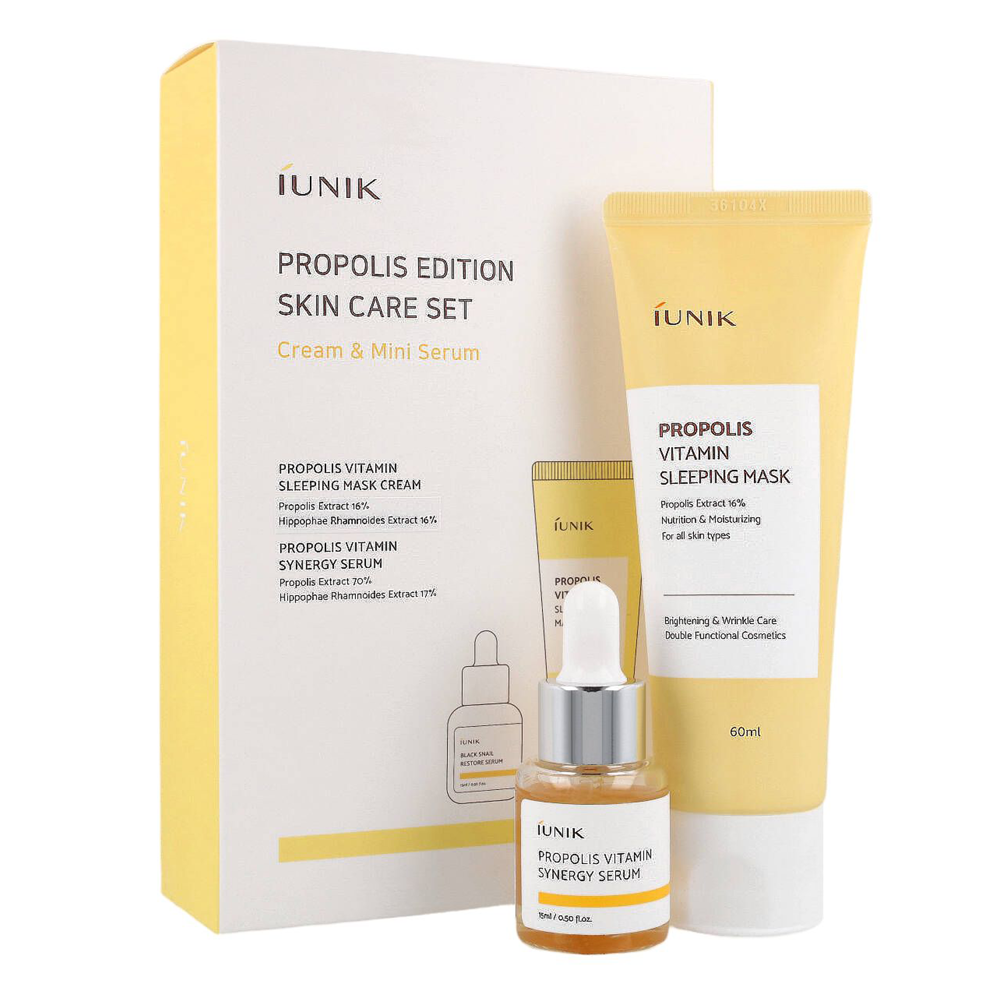 iUNIK - Propolis Edition Skincare Set - Feuchtigkeitsmaske für die Nacht mit Propolis 60ml und Vitamin Serum mit Propolis 15ml